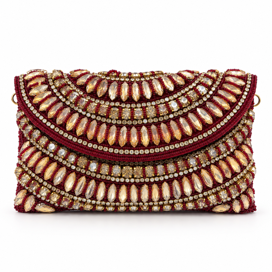 Women's Luxury Maroon Crystal Wedding Clutch
