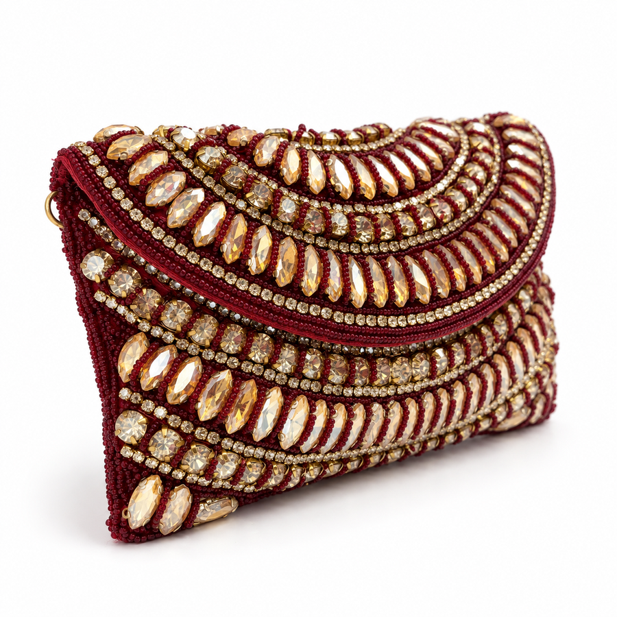 Women's Luxury Maroon Crystal Wedding Clutch