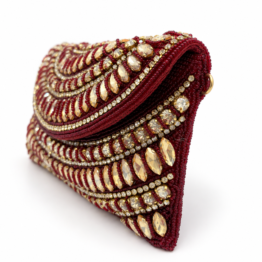 Women's Luxury Maroon Crystal Wedding Clutch