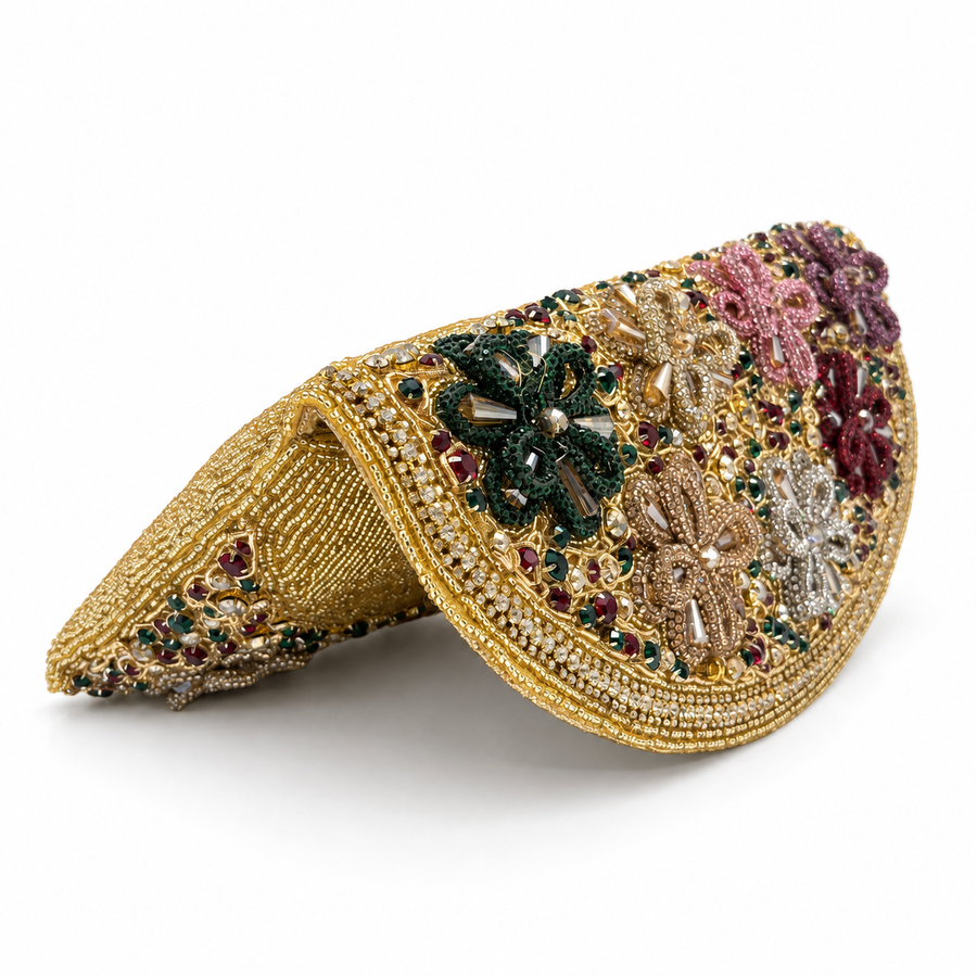 Women's Gold Floral Embellished Clutch