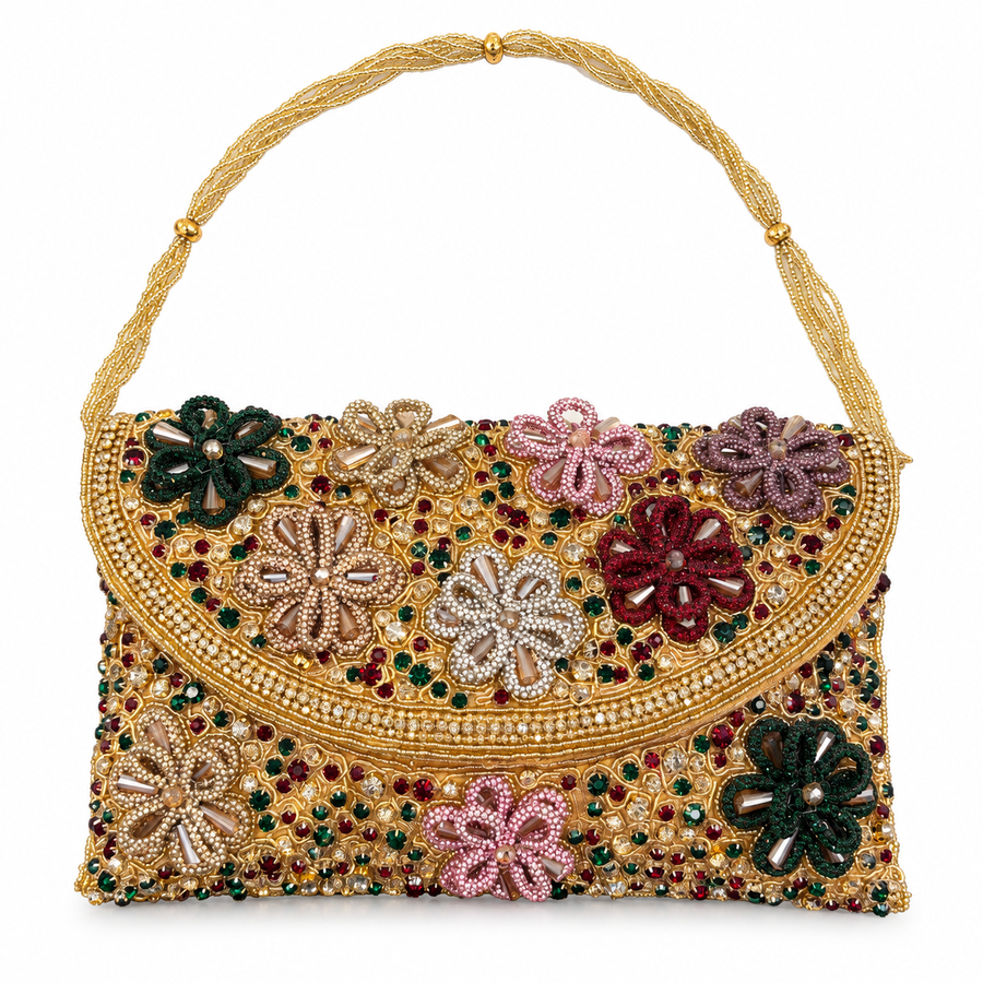Women's Gold Floral Embellished Clutch