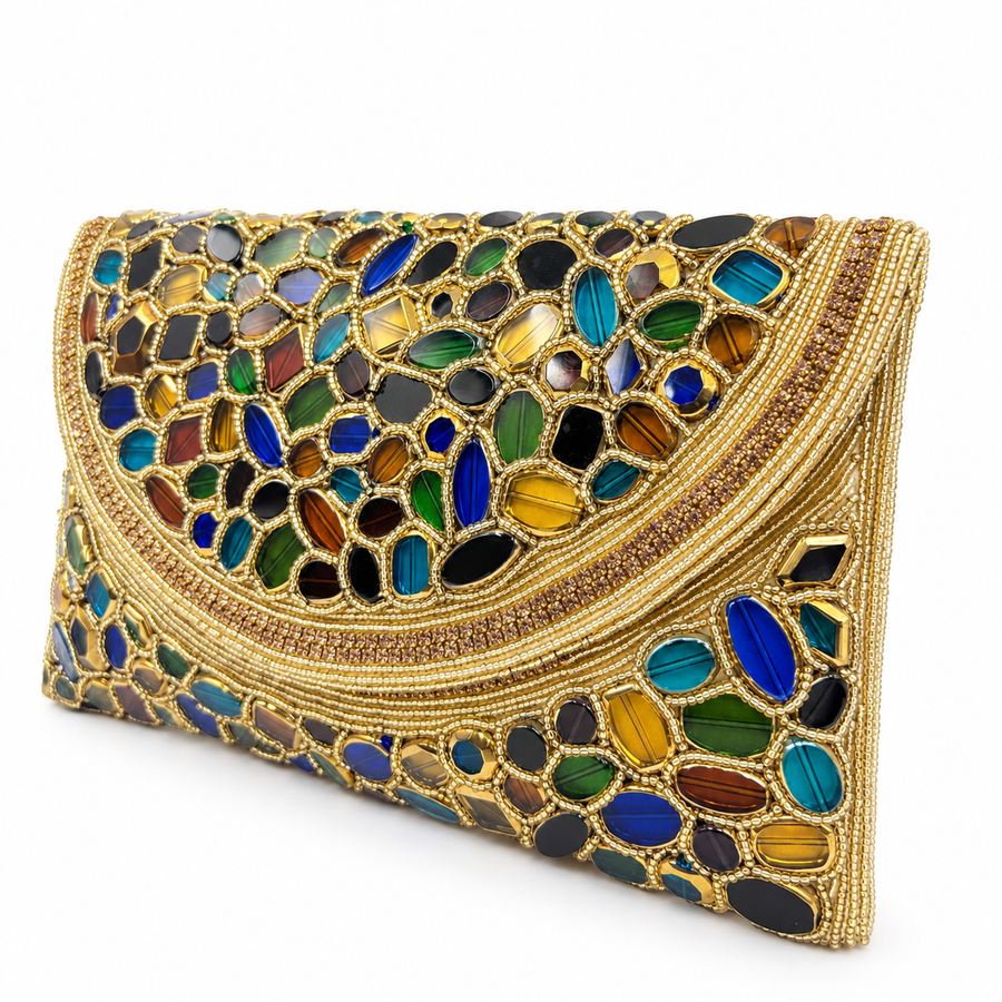 Women's Gold & Multicolor Mosaic Stone Clutch