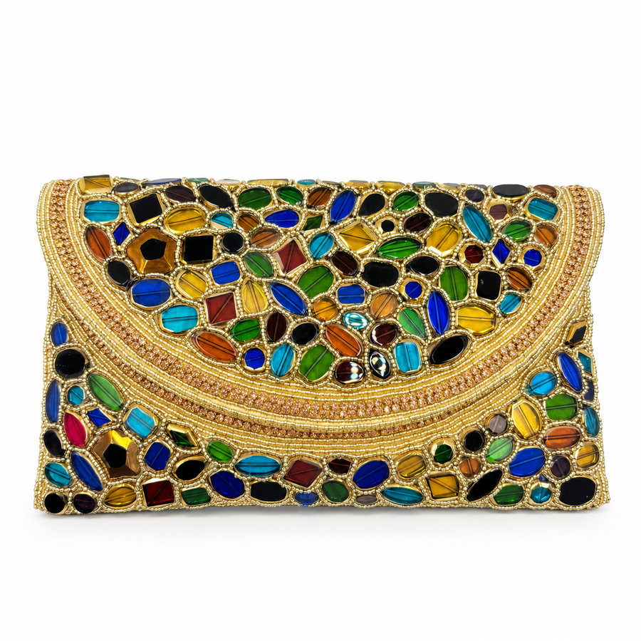 Women's Gold & Multicolor Mosaic Stone Clutch