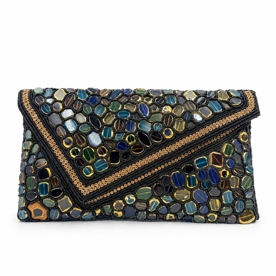 Women's Black & Multicolor Stone Mosaic Clutch