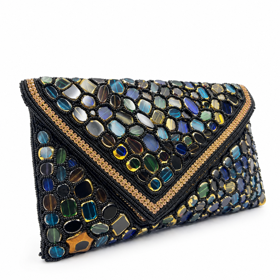 Women's Black & Multicolor Stone Mosaic Clutch