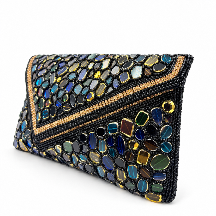 Women's Black & Multicolor Stone Mosaic Clutch