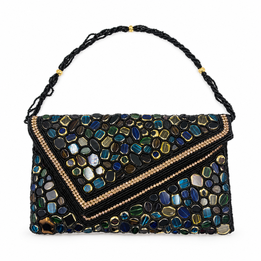 Women's Black & Multicolor Stone Mosaic Clutch