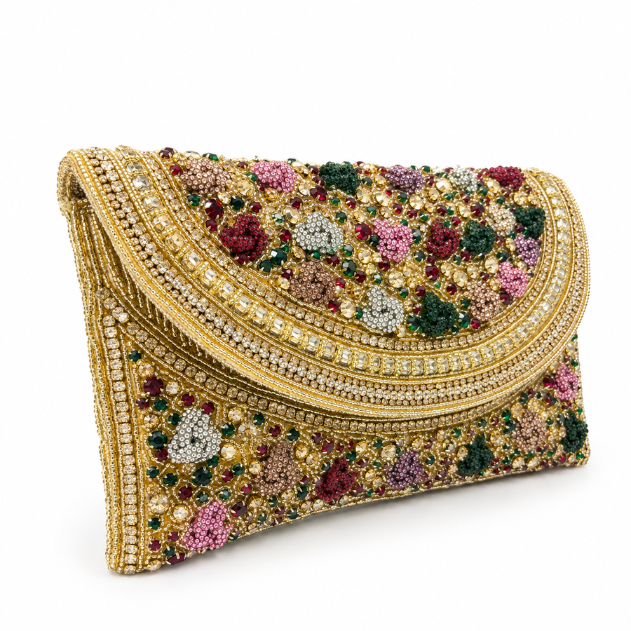 Women's Gold & Multicolor Crystal Floral Clutch