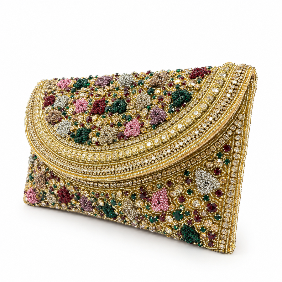 Women's Gold & Multicolor Crystal Floral Clutch