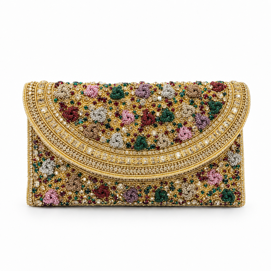Women's Gold & Multicolor Crystal Floral Clutch