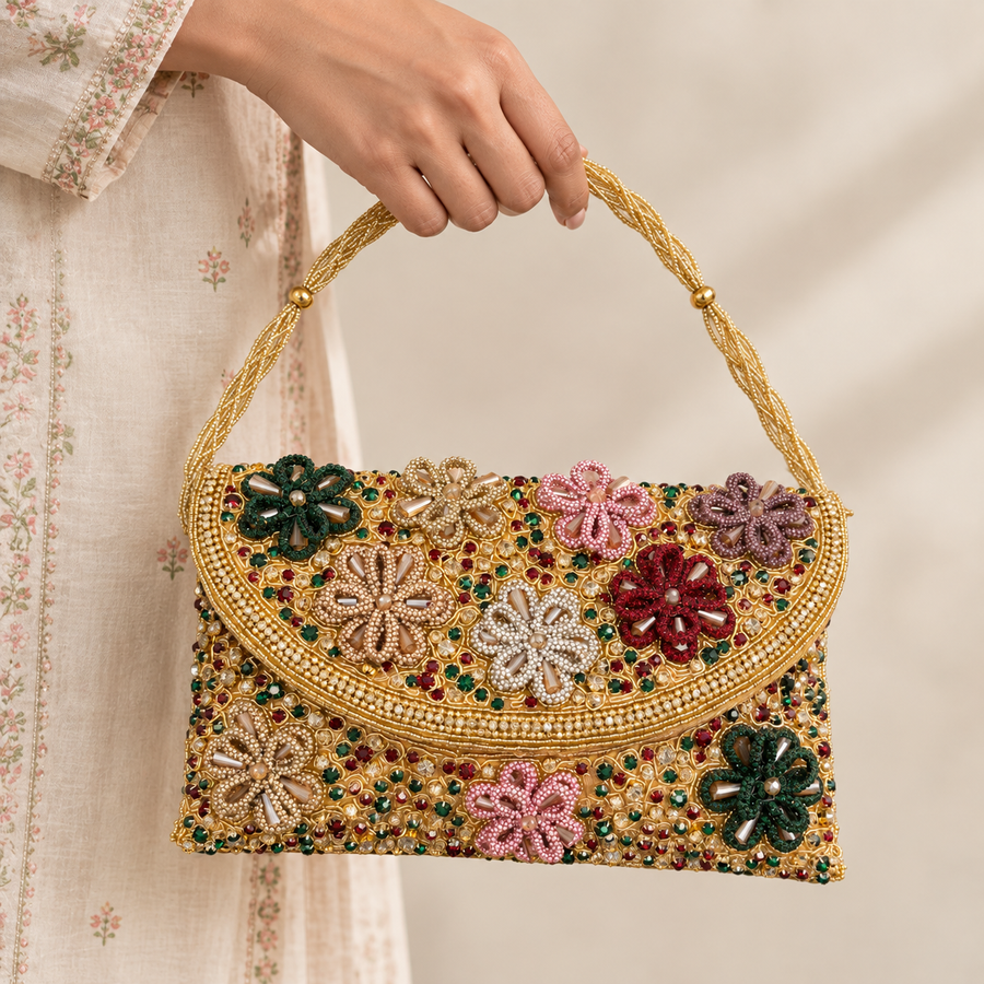 Women's Gold Floral Embellished Clutch