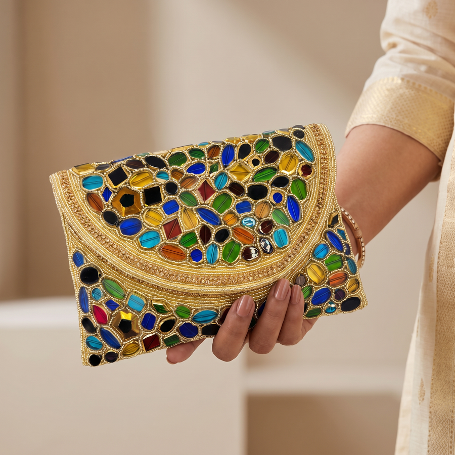 Women's Gold & Multicolor Mosaic Stone Clutch