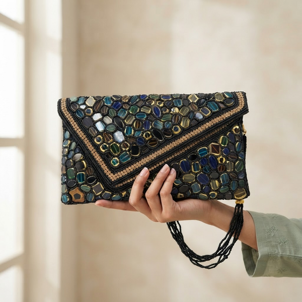 Women's Black & Multicolor Stone Mosaic Clutch