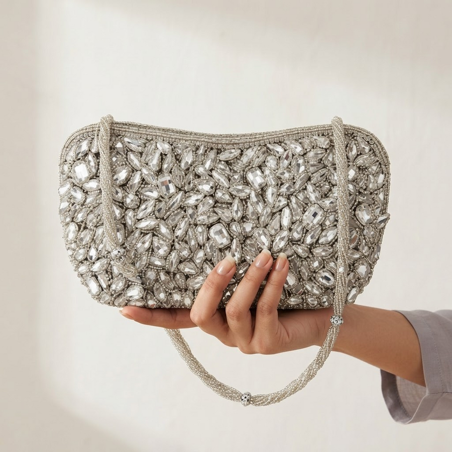 Women's Silver & White Crystal Encrusted Clutch