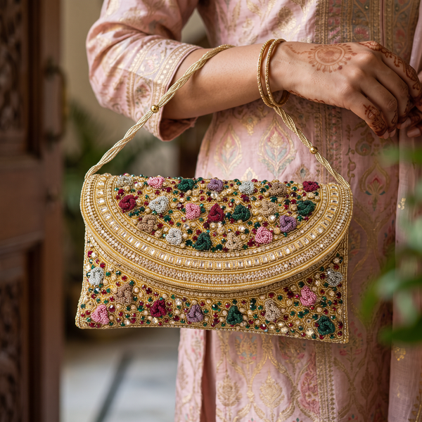 Women's Gold & Multicolor Crystal Floral Clutch