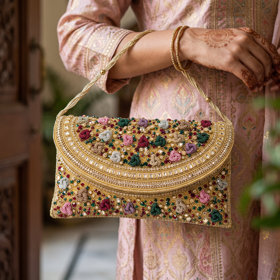 Women's Gold & Multicolor Crystal Floral Clutch