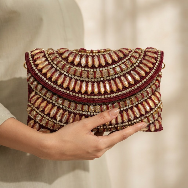 Women's Luxury Maroon Crystal Wedding Clutch