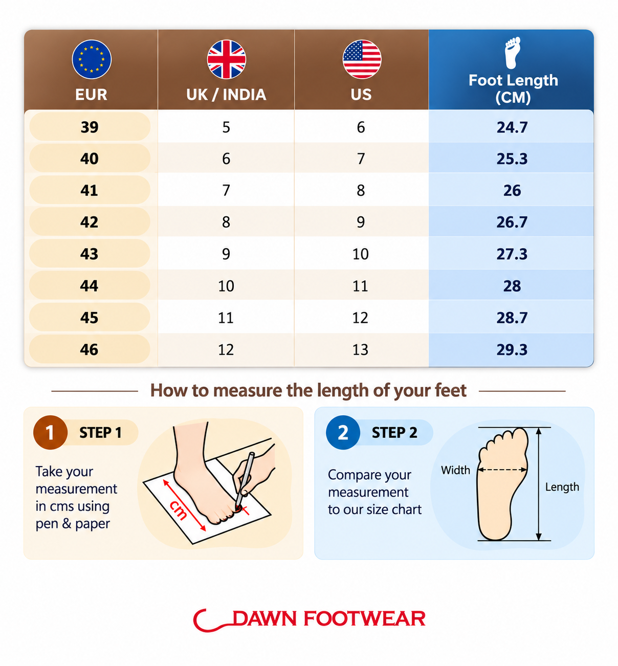 Men's size chart (cm)